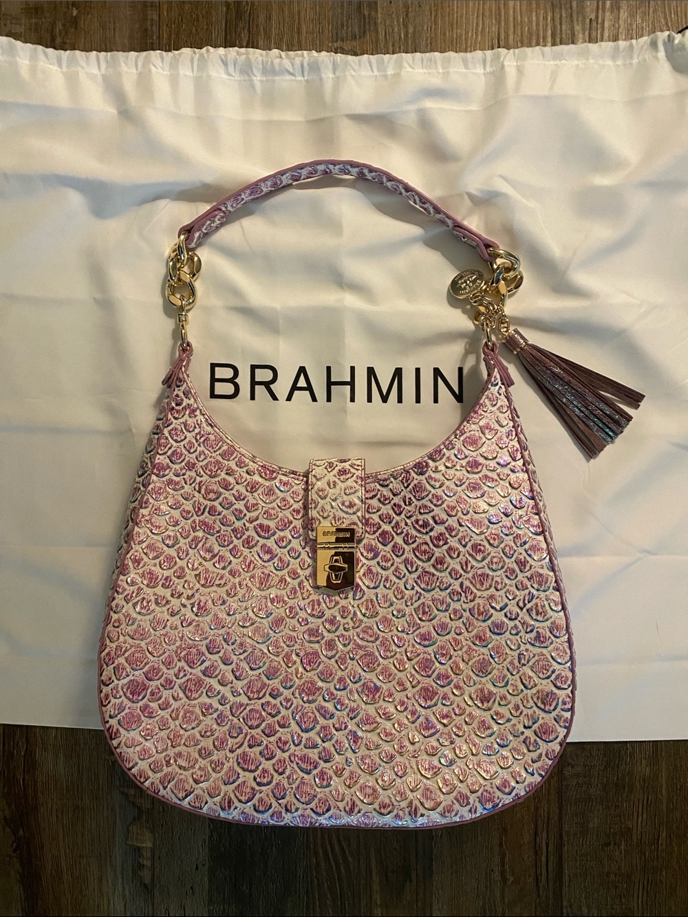 Brahmin Pink Textured Shoulder Hobo with Tassel